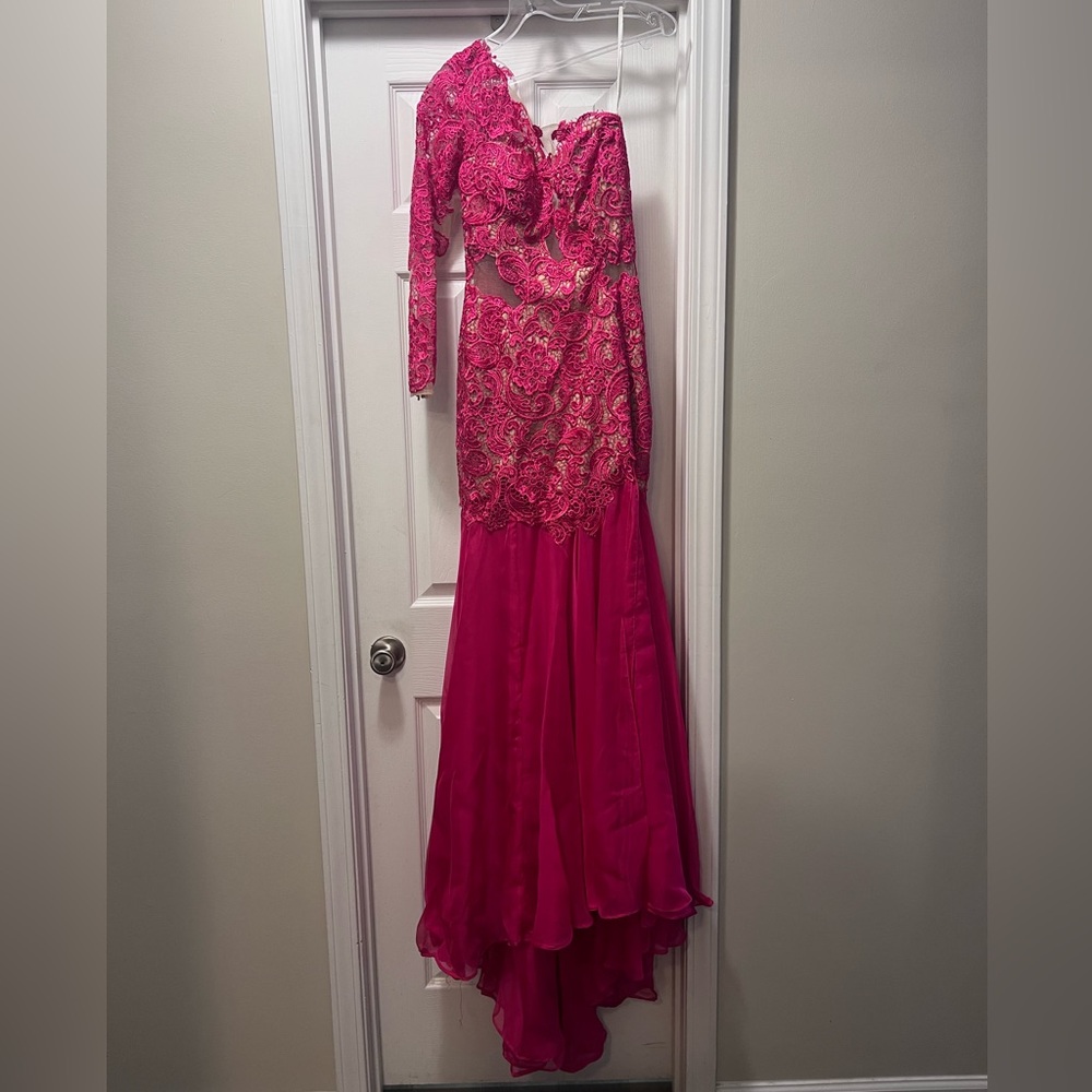 Mac Duggal Fuchsia Asymmetrical Lace Dress